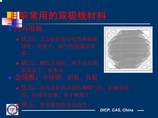 DICP, CAS, China
目前常用的双极板材料
纯石墨板
优点：具有很好的导电性和抗腐
蚀性，密度小，阻气性能满足要
求
缺点：脆性大易碎、难不易实现
批量加工、成本高
金属板：不锈钢、铝板、钛板
优点：具有良好的导电性和阻气性，机械强度
高、原材料价廉、易于机加工
缺点：容易腐蚀需表面改性。
 