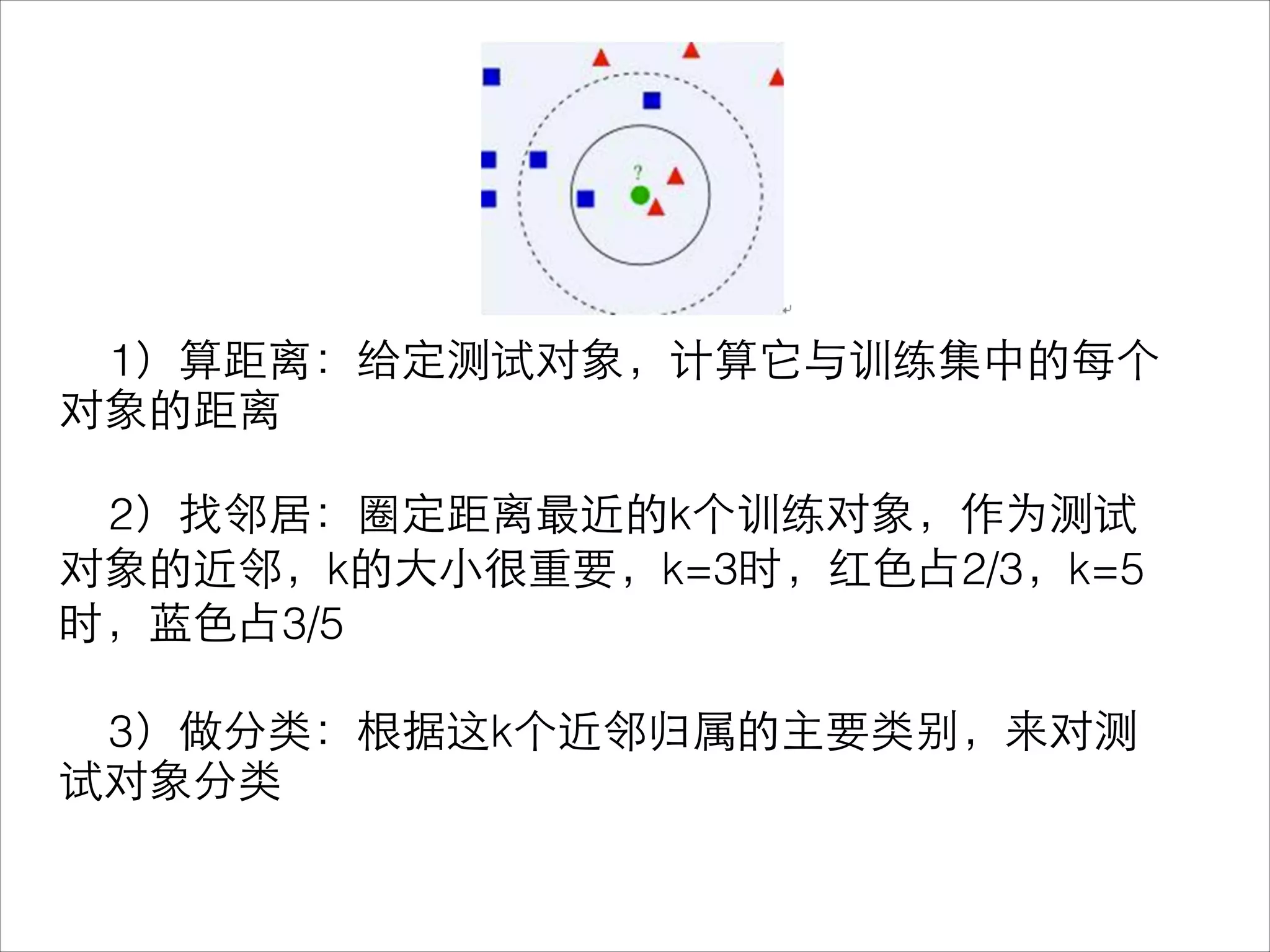 1）算距离：给定测试对象，计算它与训练集中的每个
对象的距离
!
2）找邻居：圈定距离最近的k个训练对象，作为测试
对象的近邻，k的⼤大⼩小很重要，k=3时，红⾊色占2/3，k=5
时，蓝⾊色占3/5
!
3）做分类：根据这k个近邻归属的主要类别，来对测
试对象分类
 