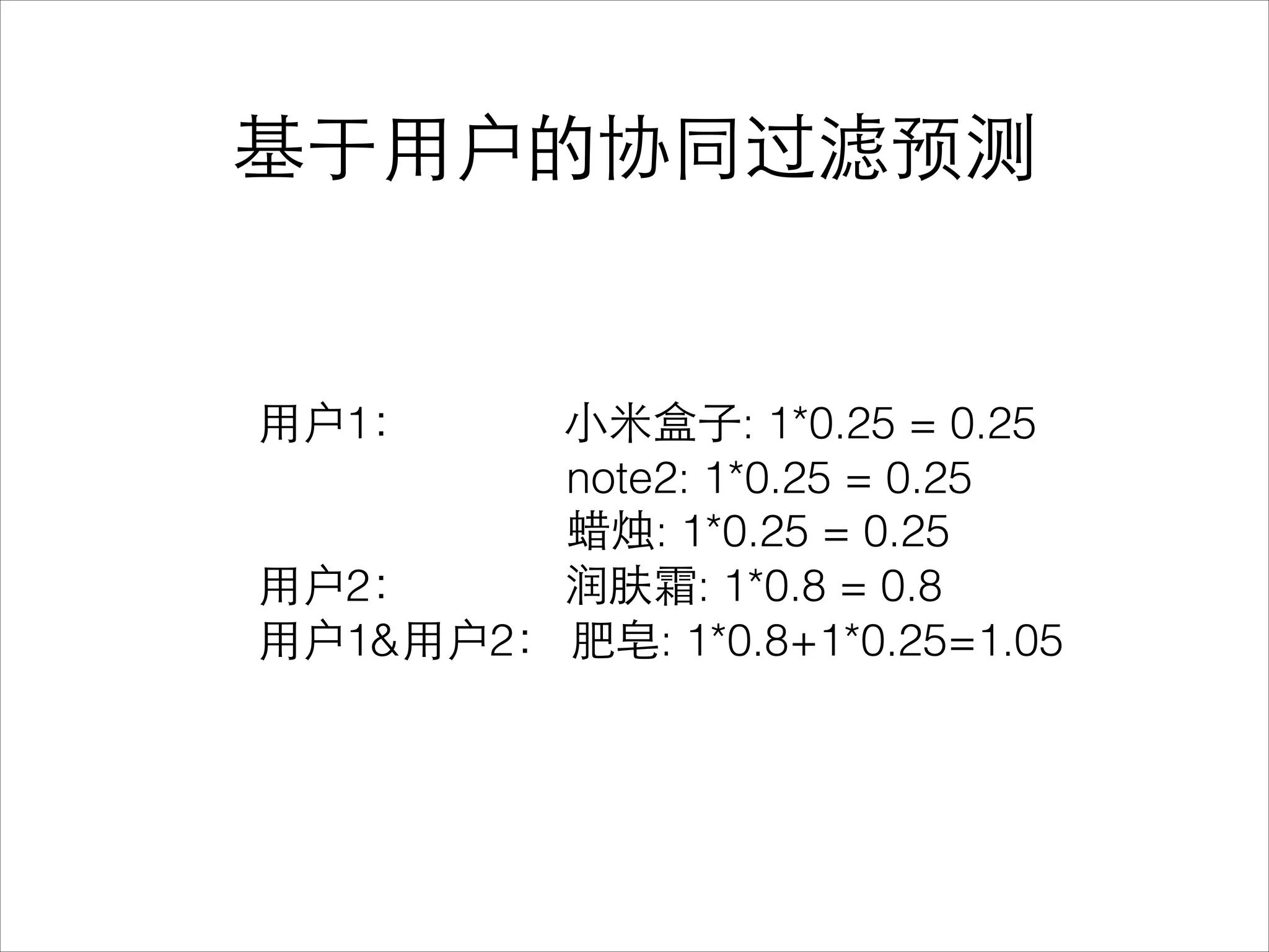 基于⽤用户的协同过滤预测
⽤用户1： ⼩小⽶米盒⼦子: 1*0.25 = 0.25
note2: 1*0.25 = 0.25
蜡烛: 1*0.25 = 0.25
⽤用户2： 润肤霜: 1*0.8 = 0.8
⽤用户1&⽤用户2： 肥皂: 1*0.8+1*0.25=1.05
 