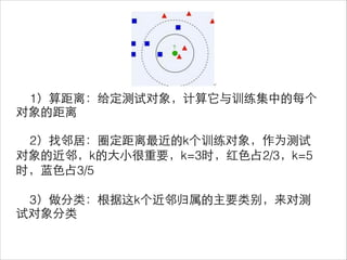 1）算距离：给定测试对象，计算它与训练集中的每个
对象的距离
!
2）找邻居：圈定距离最近的k个训练对象，作为测试
对象的近邻，k的⼤大⼩小很重要，k=3时，红⾊色占2/3，k=5
时，蓝⾊色占3/5
!
3）做分类：根据这k个近邻归属的主要类别，来对测
试对象分类
 