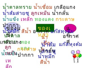 ของแของแ
ข็งข็ง
ของเ
หลว
แ
ก๊
ส
นำ้าตาลทราย นำ้าเชื่อม เกลือแกง
นำ้าส้มสายชู ลูกเหม็น นำ้ากลั่น
นำ้าแข็ง เหล็ก ทองแดง กระดาษ
ปากกา
นำ้าหมึก สีนำ้า อากาศ แก๊สหุงต้ม
นำ้าตาล
ทราย
นำ้า
เชื่อ
ม
เกลือแกง
นำ้าส้ม
สายชู
ลูก
เหม็น นำ้ากลั่น
นำ้าแข็ง
เห
ทอง
แดงกระดาษ
ปากกา นำ้าหมึก
สีนำ้า
อากาศ
แก๊สหุงต้ม
 