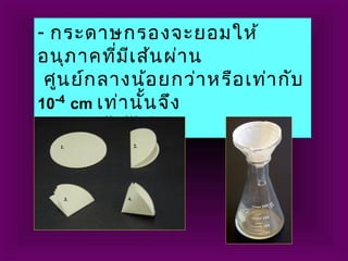 - กระดาษกรองจะยอมให้
อนุภาคที่มีเส้นผ่าน
ศูนย์กลางน้อยกว่าหรือเท่ากับ
10-4
cm เท่านั้นจึง
 จะผ่านไปได้
 