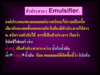 ตัวประสาน ( Emulsifier)
องค์ประกอบของคอลลอยด์บางชนิดจะไม่รวมเป็นเนื้อ
เดียวกันจะแยกชั้นออกจากกันจึงต้องมีตัวประสานให้สาร
๒ ชนิดรวมตัวกันได้ สารที่เป็นตัวประสาร เรียกว่า
อิมัลซิไฟเออร์ เช่น
น้าสบู่ เป็นตัวประสานระหว่าง น้ากับน้ามัน
น้า+น้าสบู่+น้ามัน เรียก คอลลอยด์ที่เกิดขึ้นนี้ว่า อิมัลชั่น
 