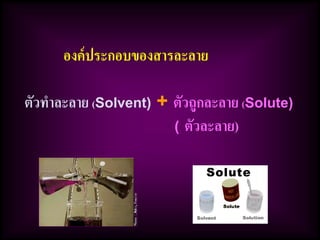 องค์ประกอบของสารละลาย
ตัวทาละลาย (Solvent) + ตัวถูกละลาย (Solute)
( ตัวละลาย)
 