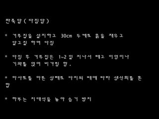 판축담 ( 다짐담 )
* 거푸집을 설치하고 30cm 두께로 흙을 채우고
달고질 하며 다짐
* 다짐 후 거푸집은 1~2 일 지나서 떼고 이엉이나
기와를 얹어 비가림 함 .
* 마사토를 마른 상태로 다지되 때에 따라 생석회를 혼
합
* 하부는 지대석을 놓아 습기 방지
 