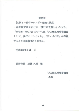 意見
[文例 1-現 行 のシンボル存続 に賛成]
合併 協定 に お け る 「慣行 の取扱 い」 の うち、
「市の木 ・市の花」については、○○地区地域審議会
として、現行 の 「シナ ノキ」、 「リン ゴの花」 を存続
す ることに異論はあ りません。
平成 26年 6月
長野市長 カロ藤 久雄 様
○○地区地域審議会
会長
6
 