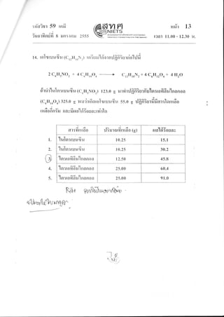 :#aitr 59 rnri
v a a-i
?uotYtnun 8 iln: tf,ilJ 2555
/6ffiV1ffi
Kd=NlErs-F-- a0luJ@ou.rm'qnnur!{rDro lounnlssUL)
-
turuuedtd.atq*&.,8 6@wt
rilir 13
[?at 11.00 - 12.30 u.
14. rolryruufiu 1c,rur0N,) rfl;uu'loiornrJfrfiSursiohJfi
2 C6II5NOz + 4 C(Hr4O4 -,---------+ cr2[{roN2 + 4 CuH,rOo + 4 F[rO
dr ri r'luTsr : ru u fr u (c6 I I. N o 2 ) l 2 3. 0 g ru r ri r rJ
fr fi:^ s r ffu'l sr : ro fi 6 u'l n a fl o a
(Collr4O4) 32s.0 g vrudrrfrorrolwruufiir ss.0 g rlfrfriurfifior:1srril6o
a j v d 6gtgl I o
{}inonn:}J [lay]Jzua lfl:ouaylntlQ
1.
2.
e
4.
5.
dad
trt:lilfiao
hd4
il:ilrguYurino (e)
1 y9/
f{n to:ouav
ululsr:ruu6u
t 0.25 15.1
'lulsr:ruu6u 10.25 34.2
Ul ad ln
t915[OnAU lnnn0A 12.50 45.8
l.ll ad ln
tFl:[omail [nan0n 25.00 60.4
ln a-l U
lgr:t0nau tRnn0n 2s.00 91.0
Ribt gzlfiloTrurr,',fbk
qtilt'btld%t^^W
-_ln*
-
(t
 