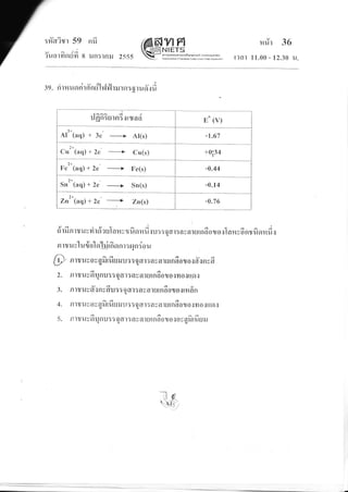 UAd
:?1fl?Tr 59 n:i
v 4 /;
?uotYtslull 8 lJnStfilJ 2555
rir7r 36
t-lat 11.00 - 12.30 u.
3e. ri rnufi rirfr'nfh^lvlrrr rnr g ruoT:fi
IAAA d /
ufln:utn:,:lcuan E" (v)
Al''(uq) + 3c At(s) -r.67
+0i34
7+
Fe (aq) + 2c Fe(s) -0.44
Sn2*1aq1+ 2e-
-;
Sn(s) -0.14
2t
Zn (aq) + 2e Zn(s) -0.76
yaa o v S a ; 4 s -l a j
0t uRtrl{v?1ta?u t nHUTu9t?11{.rU::0 f,t: ny nlulnGiolJ o I lnuv6 nt il9t111-i I
n r r uylu #o1 a'lrirfi sr n r : rl n io uq
/-- a -r 4r v d
I I ) nmuyoyailluuilu::Q611:ayatulnnolJo.:d{nydJqra
2. nrruvAunu:TQGn:ayarurnfrozuo,:no{ltor{qq
3. niruv#rnvfru::osr:ayarulnfioro.rrHfin
4. Rryl{yoyafr tfi ururr ::o trt:aynturnfior.rolyro.:rrasgq
dzta<
5. Rl1rl{VflUnU::0611:ayaturnnolo.Soyg}ilurJrJ
--:l
,t s,
.{'4,
 