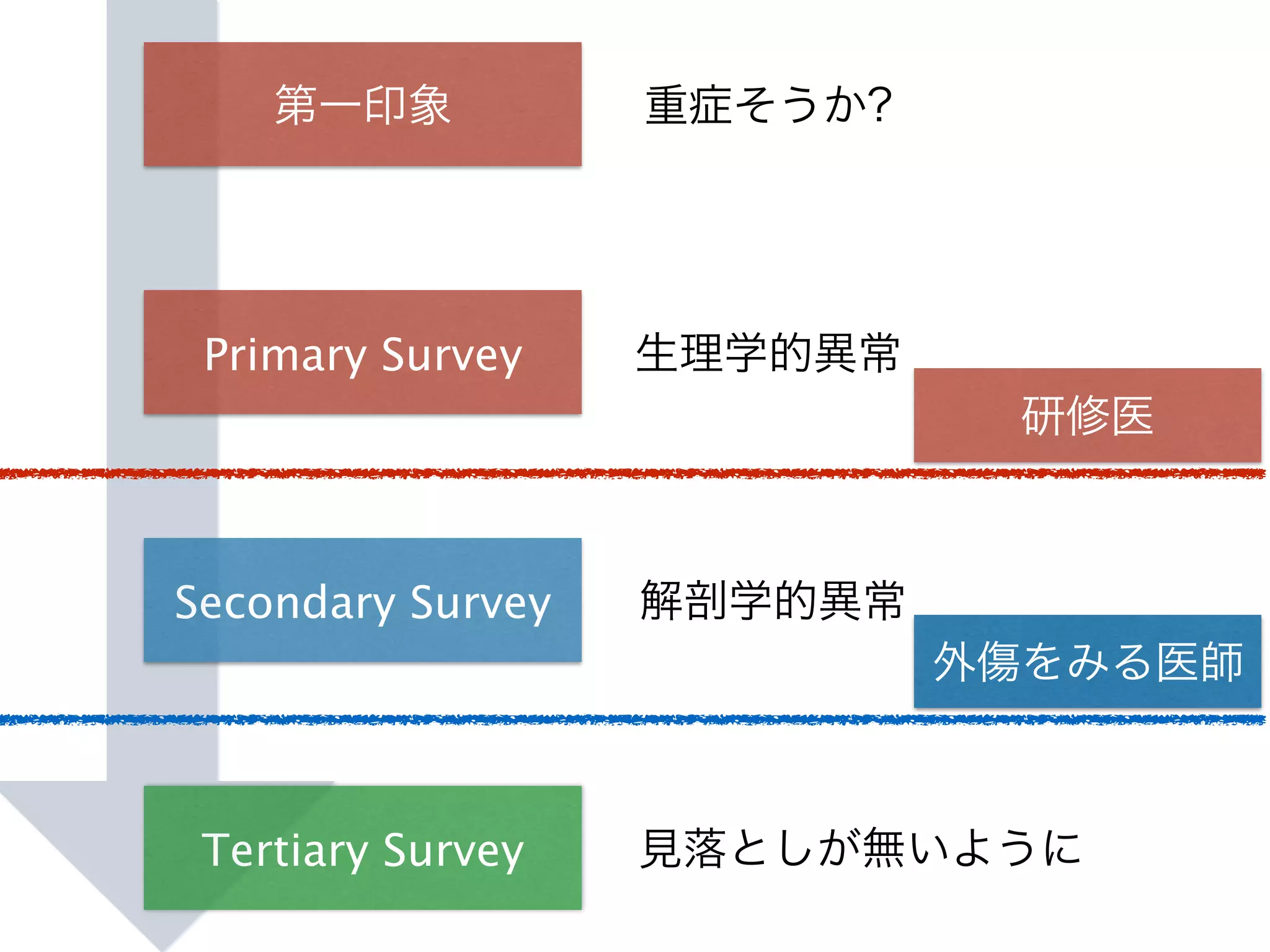 Primary Survey
第一印象
Secondary Survey
Tertiary Survey
研修医
外傷をみる医師
重症そうか?
生理学的異常
解剖学的異常
見落としが無いように
 