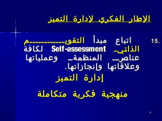 99
15.15.‫مبدأ‬ ‫اتباع‬‫مبدأ‬ ‫اتباع‬‫التقوي‬‫التقوي‬‫ــــــــــــ‬‫ــــــــــــ‬‫م‬‫م‬
‫ـيـ‬‫ـ‬‫ت‬‫الذا‬‫ـيـ‬‫ـ‬‫ت‬‫الذا‬Self-assessmentSelf-assessment‫لكافة‬‫لكافة‬
‫وعملياتها‬ ‫ــةــ‬‫المنظم‬ ‫ــرـــ‬‫عناص‬‫وعملياتها‬ ‫ــةــ‬‫المنظم‬ ‫ــرـــ‬‫عناص‬
.‫وإنجازاتها‬ ‫وعلقاتها‬.‫وإنجازاتها‬ ‫وعلقاتها‬
‫التميز‬ ‫لدارة‬ ‫الفكري‬ ‫الطار‬‫التميز‬ ‫لدارة‬ ‫الفكري‬ ‫الطار‬
‫التميز‬ ‫إدارة‬‫التميز‬ ‫إدارة‬
‫متكاملة‬ ‫فكرية‬ ‫منهجية‬‫متكاملة‬ ‫فكرية‬ ‫منهجية‬
 