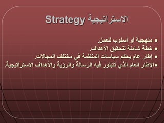 ‫االستراتيجية‬Strategy
•‫للعم‬ ‫أسلوب‬ ‫أو‬ ‫مندجية‬.
•‫األهداق‬ ‫لتحقيق‬ ‫شاملة‬ ‫خطة‬.
•‫المجاالت‬ ‫مختلق‬ ‫ي‬ ‫المنظمة‬ ‫سياسات‬ ‫يحكم‬ ‫ام‬ ‫إطار‬.
•‫االستراتيجي‬ ‫واألهداق‬ ‫والرؤية‬ ‫الرسالة‬ ‫يه‬ ‫تتبلور‬ ‫الذي‬ ‫العام‬ ‫اإلطار‬‫ة‬.
 