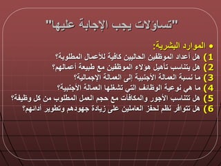 "‫ليدا‬ ‫اإلجابة‬ ‫يجب‬ ‫تساؤالت‬"
•‫البشرية‬ ‫الموارد‬:
(1‫المطلوبة؟‬ ‫ما‬ ‫لأل‬ ‫ية‬ ‫كا‬ ‫الحاليين‬ ‫الموظفين‬ ‫داد‬ ‫أ‬ ‫ه‬
(2‫مالدم؟‬ ‫أ‬ ‫طبيعة‬ ‫مع‬ ‫الموظفين‬ ‫هؤالء‬ ‫تأهي‬ ‫يتناسب‬ ‫ه‬
(3‫اإلجمالية؟‬ ‫العمالة‬ ‫إل‬ ‫األجنبية‬ ‫العمالة‬ ‫نسبة‬ ‫ما‬
(4‫األجنبية؟‬ ‫العمالة‬ ‫تشغلدا‬ ‫التي‬ ‫الوظالق‬ ‫ية‬ ‫نو‬ ‫هي‬ ‫ما‬
(5‫وظيفة؟‬ ‫ك‬ ‫من‬ ‫المطلوب‬ ‫العم‬ ‫حجم‬ ‫مع‬ ‫آت‬ ‫والمكا‬ ‫األجور‬ ‫تتناسب‬ ‫ه‬
(6‫أدالدم؟‬ ‫وتطوير‬ ‫جدودهم‬ ‫زيادة‬ ‫ل‬ ‫العاملين‬ ‫لحفز‬ ‫نظم‬ ‫ر‬ ‫تتوا‬ ‫ه‬
 