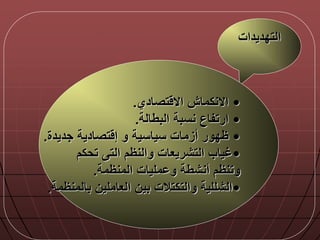 ‫التدديدات‬
•‫تصادي‬ ‫اال‬ ‫االنكمان‬.
•‫البطالة‬ ‫نسبة‬ ‫ارتفاع‬.
•‫ظدور‬‫أزمات‬‫و‬ ‫سياسية‬‫تصادية‬ ‫إ‬‫جديدة‬.
•‫التشريعات‬ ‫غياب‬‫تحكم‬ ‫الت‬ ‫والنظم‬
‫المنظمة‬ ‫مليات‬ ‫و‬ ‫أنشطة‬ ‫وتنظم‬.
•‫بالمنظمة‬ ‫العاملين‬ ‫بين‬ ‫والتكتالت‬ ‫الشللية‬.
 