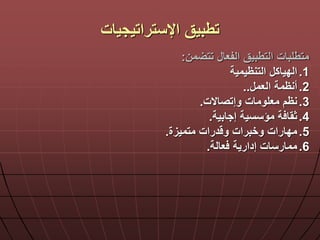 ‫اإلستراتيجيات‬ ‫تطبيق‬
‫من‬ ‫تت‬ ‫الفعا‬ ‫التطبيق‬ ‫متطلبات‬:
.1‫التنظيمية‬ ‫الدياك‬
.2‫العم‬ ‫أنظمة‬..
.3‫وإتصاالت‬ ‫معلومات‬ ‫نظم‬.
.4‫إجابية‬ ‫مؤسسية‬ ‫ة‬ ‫ثقا‬.
.5‫متميزة‬ ‫درات‬ ‫و‬ ‫وخبرات‬ ‫مدارات‬.
.6‫عالة‬ ‫إدارية‬ ‫ممارسات‬.
 