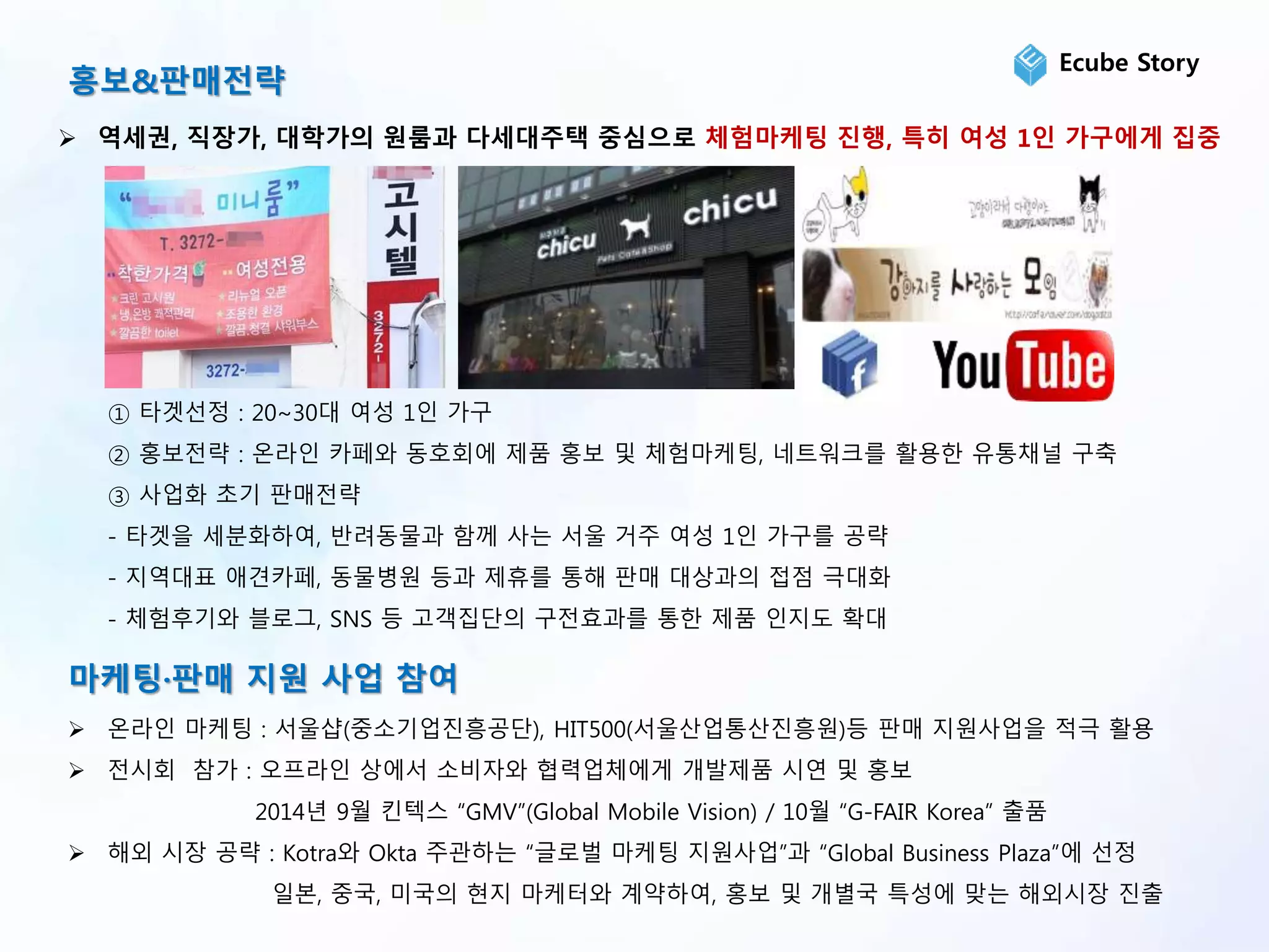홍보&판매전략
 역세권, 직장가, 대학가의 원룸과 다세대주택 중심으로 체험마케팅 진행, 특히 여성 1인 가구에게 집중
① 타겟선정 : 20~30대 여성 1인 가구
② 홍보전략 : 온라인 카페와 동호회에 제품 홍보 및 체험마케팅, 네트워크를 활용한 유통채널 구축
③ 사업화 초기 판매전략
- 타겟을 세분화하여, 반려동물과 함께 사는 서울 거주 여성 1인 가구를 공략
- 지역대표 애견카페, 동물병원 등과 제휴를 통해 판매 대상과의 접점 극대화
- 체험후기와 블로그, SNS 등 고객집단의 구전효과를 통한 제품 인지도 확대
마케팅·판매 지원 사업 참여
 온라인 마케팅 : 서울샵(중소기업진흥공단), HIT500(서울산업통산진흥원)등 판매 지원사업을 적극 활용
 전시회 참가 : 오프라인 상에서 소비자와 협력업체에게 개발제품 시연 및 홍보
2014년 9월 킨텍스 “GMV”(Global Mobile Vision) / 10월 “G-FAIR Korea” 출품
 해외 시장 공략 : Kotra와 Okta 주관하는 “글로벌 마케팅 지원사업”과 “Global Business Plaza”에 선정
일본, 중국, 미국의 현지 마케터와 계약하여, 홍보 및 개별국 특성에 맞는 해외시장 진출
Ecube Story
 