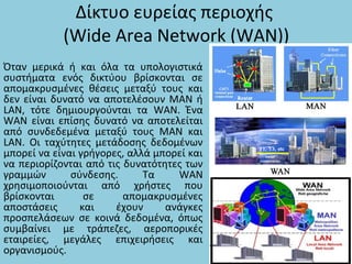 Δίκτυο ευρείας περιοχής
(Wide Area Network (WAN))
Όταν μερικά ή και όλα τα υπολογιστικά
συστήματα ενός δικτύου βρίσκονται σε
απομακρυσμένες θέσεις μεταξύ τους και
δεν είναι δυνατό να αποτελέσουν ΜΑΝ ή
LAN, τότε δημιουργούνται τα WAN. Ένα
WAN είναι επίσης δυνατό να αποτελείται
από συνδεδεμένα μεταξύ τους ΜΑΝ και
LAN. Οι ταχύτητες μετάδοσης δεδομένων
μπορεί να είναι γρήγορες, αλλά μπορεί και
να περιορίζονται από τις δυνατότητες των
γραμμών σύνδεσης. Τα WAN
χρησιμοποιούνται από χρήστες που
βρίσκονται σε απομακρυσμένες
αποστάσεις και έχουν ανάγκες
προσπελάσεων σε κοινά δεδομένα, όπως
συμβαίνει με τράπεζες, αεροπορικές
εταιρείες, μεγάλες επιχειρήσεις και
οργανισμούς.
 