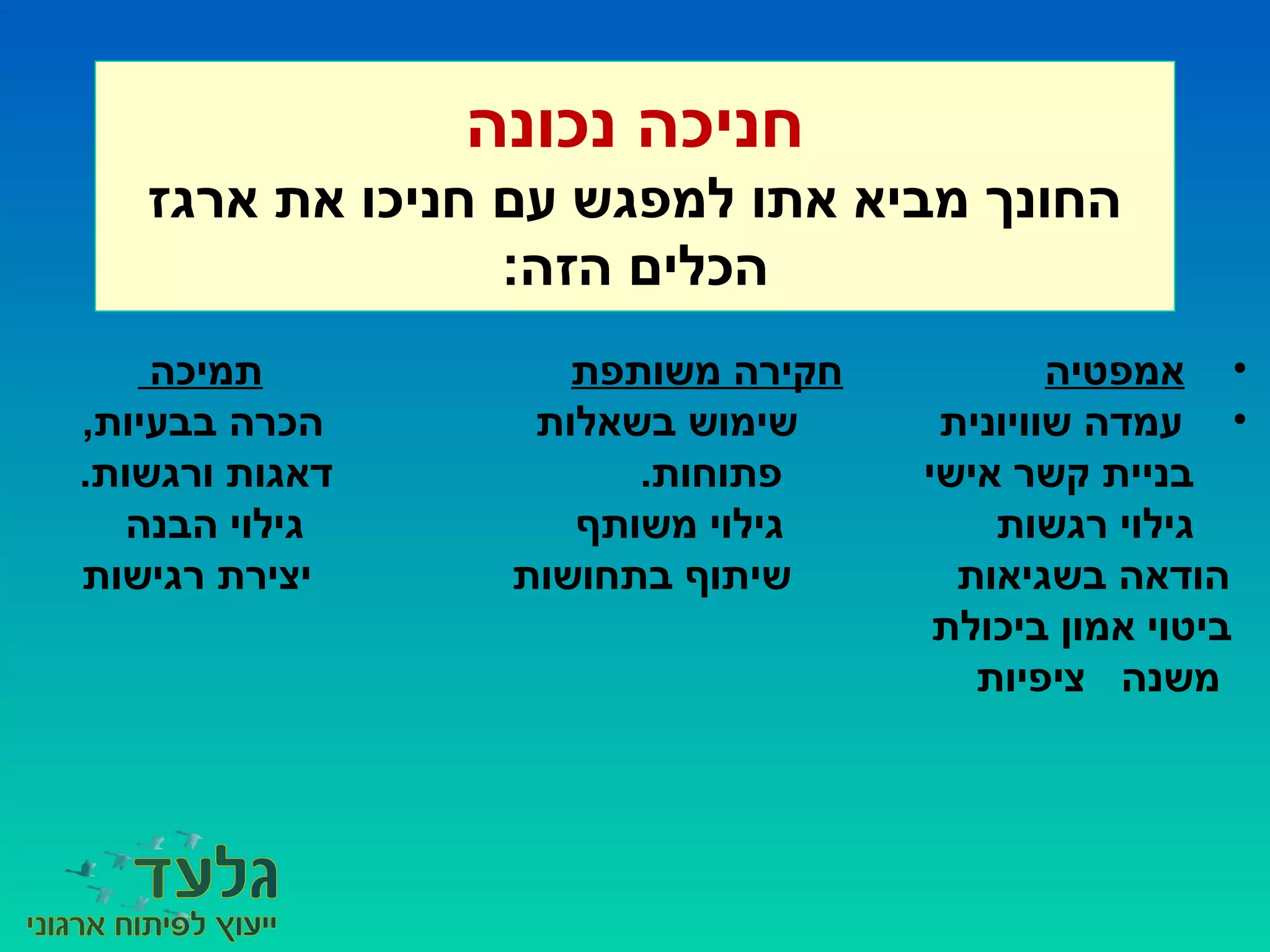 ‫נכונה‬ ‫חניכה‬
‫ארגז‬ ‫את‬ ‫חניכו‬ ‫עם‬ ‫למפגש‬ ‫אתו‬ ‫מביא‬ ‫החונך‬
:‫הזה‬ ‫הכלים‬
•‫אמפטיה‬‫משותפת‬ ‫חקירה‬‫תמיכה‬
•,‫בבעיות‬ ‫הכרה‬ ‫בשאלות‬ ‫שימוש‬ ‫שוויונית‬ ‫עמדה‬
.‫ורגשות‬ ‫דאגות‬ .‫פתוחות‬ ‫אישי‬ ‫קשר‬ ‫בניית‬
‫הבנה‬ ‫גילוי‬ ‫משותף‬ ‫גילוי‬ ‫רגשות‬ ‫גילוי‬
‫רגישות‬ ‫יצירת‬ ‫בתחושות‬ ‫שיתוף‬ ‫בשגיאות‬ ‫הודאה‬
‫ביכולת‬ ‫אמון‬ ‫ביטוי‬
‫ציפיות‬ ‫משנה‬
 