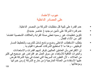 128
‫العتماد‬ ‫عيوب‬
‫الداتخلية‬ ‫المصادر‬ ‫على‬
•.‫الداتخلية‬ ‫المصدر‬ ‫من‬ ‫الشركة‬ ‫متطلبات‬ ‫كل‬ ‫تلبية‬ ‫على‬ ‫القدرة‬ ‫عدم‬
•.(‫وجديدة‬ ‫عناصر‬ ) ‫وجديد‬ ‫دم‬ ‫تأمين‬ ‫على‬ ‫الشركة‬ ‫قدرة‬ ‫عدم‬
•‫اهتماما‬ ‫الشخصية‬ ‫والعلقات‬ ‫القرابة‬ ‫صلة‬ ‫تعطى‬ ‫رسميه‬ ‫غير‬ ‫تنظيمات‬ ‫تكوين‬
. ‫الفعال‬ ‫الداء‬ ‫من‬ ‫أكبر‬
•‫المسار‬ ‫ولتخطيط‬ ‫للتدريب‬ ‫شامل‬ ‫برنامج‬ ‫وضع‬ ‫الداتخلى‬ ‫الستقطاب‬ ‫يتطلب‬
. ‫به‬ ‫القيام‬ ‫الصغيرة‬ ‫الشركات‬ ‫تستطيع‬ ‫ل‬ ‫ما‬ ‫وهذا‬ ، ‫الوظيفى‬
•‫والستعدادات‬ ‫القدرات‬ ‫لديهم‬ ‫تتوفر‬ ‫الحاليين‬ ‫العاملين‬ ‫بأن‬ ‫الفتراض‬ ‫إن‬
‫كثير‬ ‫في‬ ‫صحيح‬ ‫غير‬ ‫افتراض‬ ‫هو‬ ‫العمل‬ ‫سوق‬ ‫عن‬ ‫للستغناء‬ ‫الكافية‬ ‫والخبرات‬
‫تفرض‬ ‫الشركة‬ ‫بنية‬ ‫في‬ ‫تحد ث‬ ‫التي‬ ‫السريعة‬ ‫التطورات‬ ‫لن‬ ، ‫الحالت‬ ‫من‬
‫تخبراتها‬ ‫ومن‬ ( ‫الشركة‬ ‫تخارج‬ ‫من‬ ) ‫الخاروجية‬ ‫العمالة‬ ‫من‬ ‫الستفادة‬ ‫عليها‬
. ‫ومؤهلتها‬
 