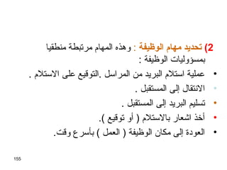 155
2(‫الوظيفة‬ ‫مهام‬ ‫ـتحديد‬:‫منطقيا‬ ‫مرتبطة‬ ‫المهام‬ ‫وهذه‬
: ‫الوظيفة‬ ‫بمسؤوليات‬
•. ‫الستلم‬ ‫على‬ ‫.التوقيع‬ ‫المراسل‬ ‫من‬ ‫البريد‬ ‫استلم‬ ‫عملية‬
•. ‫المستقبل‬ ‫إلى‬ ‫النتقال‬
•. ‫المستقبل‬ ‫إلى‬ ‫البريد‬ ‫تسليم‬
•.( ‫توقيع‬ ‫أو‬ ) ‫بالستلم‬ ‫اشعار‬ ‫أخذ‬
•.‫وقت‬ ‫بأسرع‬ ( ‫العمل‬ ) ‫الوظيفة‬ ‫مكان‬ ‫إلى‬ ‫العودة‬
 