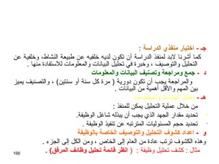 166
- ‫اجـ‬: ‫الدراسة‬ ‫منفذي‬ ‫اختيار‬
‫عن‬ ‫وخلفية‬ ،‫النشاط‬ ‫طبيعة‬ ‫عن‬ ‫خلفيه‬ ‫لديه‬ ‫تكون‬ ‫أن‬ ‫الدراسة‬ ‫لمنفذ‬ ‫لبد‬ ‫أشرنا‬ ‫كما‬
. ‫منها‬ ‫للستفادة‬ ‫والمعلومات‬ ‫البيانات‬ ‫تحليل‬ ‫في‬ ‫وخبرة‬ ، ‫والتوصيف‬ ‫التحليل‬
- ‫د‬‫والمعلومات‬ ‫البيانات‬ ‫وـتصنيف‬ ‫ومرااجعة‬ ‫اجمع‬
‫يميز‬ ‫والتصنيف‬ ، (‫سنتين‬ ‫أو‬ ‫سنة‬ ‫كل‬ ‫مرة‬ ) ‫دورية‬ ‫تكون‬ ‫أن‬ ‫يجب‬ ‫والمراجعة‬
. ‫البيانات‬ ‫من‬ ‫أهمية‬ ‫والقل‬ ‫المهم‬ ‫بين‬
- ‫هـ‬‫والمعلومات‬ ‫البيانات‬ ‫ـتحليل‬
: ‫للمنفذ‬ ‫يمكن‬ ‫التحليل‬ ‫عملية‬ ‫خلل‬ ‫من‬
•.‫الوظيفة‬ ‫شاغل‬ ‫يبذله‬ ‫أن‬ ‫يجب‬ ‫الذي‬ ‫الجهد‬ ‫مقدار‬ ‫تحديد‬
•. ‫الوظيفة‬ ‫تنفيذ‬ ‫عن‬ ‫المترتبه‬ ‫المسئوليات‬ ‫حجم‬ ‫تحديد‬
- ‫و‬‫بالوظيفة‬ ‫الخاصة‬ ‫والتوصيف‬ ‫التحليل‬ ‫كشوف‬ ‫اعداد‬
. ‫الجزء‬ ‫إلى‬ ‫الكل‬ ‫ومن‬ ، ‫الخاص‬ ‫إلى‬ ‫العام‬ ‫من‬ ‫عادة‬ ‫ترتب‬ ‫الكشوف‬ ‫وهذه‬
) : ‫وظيفة‬ ‫تحليل‬ ‫كشف‬ : ‫مثال‬. (‫المرفق‬ ‫وظائف‬ ‫ـتحليل‬ ‫قائمة‬ ‫انظر‬
 