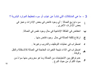 18
3‫؟‬ ‫البشرية‬ ‫الموارد‬ ‫تخطيط‬ ‫تسوء‬ ‫أو‬ ‫غياب‬ ‫عن‬ ‫تنشـأ‬ ‫التي‬ ‫المشكلت‬ ‫هي‬ ‫ما‬ -
‫في‬ ‫وعجز‬ ‫الدارات‬ ‫بعض‬ ‫في‬ ‫فائض‬ ‫وجود‬ ‫أي‬ : ‫العمالة‬ ‫توزيع‬ ‫تسوء‬
. ‫الخرى‬ ‫الدارات‬ ‫بعض‬
‫أ‬
.‫العمالة‬ ‫في‬ ‫نقص‬ ‫وجود‬ ‫ظحال‬ ‫في‬ ‫النتاجية‬ ‫الطاقة‬ ‫في‬ ‫انخفاض‬ ‫ب‬
. ‫منها‬ ‫فائض‬ ‫وجود‬ ‫ظحال‬ ‫في‬ ‫العمالة‬ ‫تكلفة‬ ‫ارتفاع‬ ‫ج‬
. ‫وغيرها‬ ‫والتدريب‬ ‫التوظيف‬ ‫عمليات‬ ‫في‬ ‫اضطراب‬ ‫د‬
‫والنقل‬ ‫كالتستقالة‬ ‫العمالة‬ ‫في‬ ‫المفاجئة‬ ‫التغيرات‬ ‫نتيجة‬ ‫الداء‬ ‫في‬ ‫اضطراب‬
. ‫والوفاة‬
‫هـ‬
‫من‬ ‫ء‬ً  ‫تسوا‬ ‫منها‬ ‫معروض‬ ‫هو‬ ‫وما‬ ‫العمالة‬ ‫من‬ ‫الظحتياجات‬ ‫بين‬ ‫توافق‬ ‫عدم‬
. ‫النوع‬ ‫ظحيث‬ ‫من‬ ‫أو‬ ‫الكم‬ ‫ظحيث‬
‫و‬
 