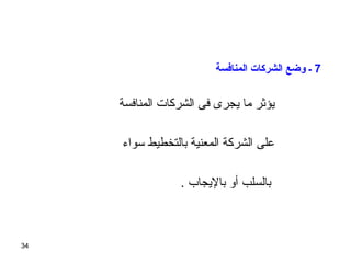 34
7‫المنافسة‬ ‫الشركات‬ ‫وضع‬ ‫ـ‬
‫المنافسة‬ ‫الشركات‬ ‫فى‬ ‫يجرى‬ ‫ما‬ ‫يؤثر‬
‫تسواء‬ ‫بالتخطيط‬ ‫المعنية‬ ‫الشركة‬ ‫على‬
. ‫باليجاب‬ ‫أو‬ ‫بالسلب‬
 