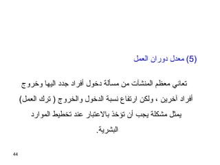 44
)5‫العمل‬ ‫دوران‬ ‫معدل‬ (
‫وخروج‬ ‫اليها‬ ‫جدد‬ ‫أفراد‬ ‫دخول‬ ‫مسألة‬ ‫من‬ ‫المنشآت‬ ‫معظم‬ ‫تعاني‬
(‫العمل‬ ‫ترك‬ ) ‫والخروج‬ ‫الدخول‬ ‫نسبة‬ ‫ارتفاع‬ ‫ولكن‬ ، ‫آخرين‬ ‫أفراد‬
‫الموارد‬ ‫تخطيط‬ ‫عند‬ ‫بالعتبار‬ ‫تؤخذ‬ ‫أن‬ ‫يجب‬ ‫مشكلة‬ ‫يمثل‬
.‫البشرية‬
 