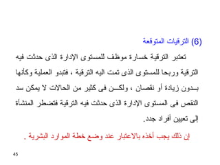 45
)6‫المتوقعة‬ ‫الترقيات‬ (
‫فيه‬ ‫ظحدثت‬ ‫الذى‬ ‫الدارة‬ ‫للمستوى‬ ‫موظف‬ ‫خسارة‬ ‫الترقية‬ ‫تعتبر‬
‫وكأنها‬ ‫العملية‬ ‫فتبدو‬ ، ‫الترقية‬ ‫اليه‬ ‫تمت‬ ‫الذى‬ ‫للمستوى‬ ‫وربحا‬ ‫الترقية‬
‫تسد‬ ‫يمكن‬ ‫ل‬ ‫الحالت‬ ‫من‬ ‫كثير‬ ‫فى‬ ‫ولكـــن‬ ، ‫نقصان‬ ‫أو‬ ‫زيادة‬ ‫بــدون‬
‫المنشأة‬ ‫فتضطر‬ ‫الترقية‬ ‫فيه‬ ‫ظحدثت‬ ‫الذى‬ ‫الدارة‬ ‫المستوى‬ ‫فى‬ ‫النقص‬
.‫جدد‬ ‫أفراد‬ ‫تعيين‬ ‫إلى‬
. ‫البشرية‬ ‫الموارد‬ ‫خطة‬ ‫وضع‬ ‫عند‬ ‫بالعتبار‬ ‫أخذه‬ ‫يجب‬ ‫ذلك‬ ‫إن‬
 