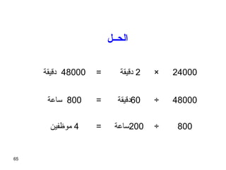 65
48000‫دسقيقة‬ = 2‫دسقيقة‬ × 24000
800‫ساعة‬ = 60‫دسقيقة‬ ÷ 48000
4‫موظفين‬ = 200‫ساعة‬ ÷ 800
‫الحههل‬
 