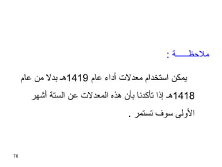 78
: ‫ملحظيييييية‬
‫عام‬ ‫أداء‬ ‫معدلت‬ ‫استخدام‬ ‫يمكن‬1419‫عام‬ ‫من‬ ‫بدل‬ ‫هي‬
1418‫أشهر‬ ‫الستة‬ ‫عن‬ ‫المعدلت‬ ‫هذه‬ ‫بأن‬ ‫تأكدنا‬ ‫إذا‬ ‫هي‬
. ‫تستمر‬ ‫سوف‬ ‫الولى‬
 