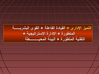 = ‫الادارى‬ ‫التميز‬= ‫الادارى‬ ‫التميز‬‫البشريــــــة‬ ‫القوى‬ + ‫الفاعلة‬ ‫القياادة‬‫البشريــــــة‬ ‫القوى‬ + ‫الفاعلة‬ ‫القياادة‬
+ ‫التستراتيجية‬ ‫الادارة‬ + ‫المتطورة‬+ ‫التستراتيجية‬ ‫الادارة‬ + ‫المتطورة‬
‫المحيــــــــــطة‬ ‫البيئة‬ + ‫المتطورة‬ ‫التقنية‬‫المحيــــــــــطة‬ ‫البيئة‬ + ‫المتطورة‬ ‫التقنية‬
 