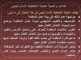 ‫التستراتيجي‬ ‫التخطيط‬ ‫عملية‬ ‫وأهمية‬ ‫أهداف‬‫التستراتيجي‬ ‫التخطيط‬ ‫عملية‬ ‫وأهمية‬ ‫أهداف‬
:‫يلي‬ ‫ما‬ ‫إلى‬ ‫المجال‬ ‫هذا‬ ‫في‬ ‫التستراتيجي‬ ‫التخطيط‬ ‫عملية‬ ‫تهدف‬:‫يلي‬ ‫ما‬ ‫إلى‬ ‫المجال‬ ‫هذا‬ ‫في‬ ‫التستراتيجي‬ ‫التخطيط‬ ‫عملية‬ ‫تهدف‬
•‫المنظمة‬ ‫عمل‬ ‫بيئة‬ ‫في‬ ‫التأكد‬ ‫عدم‬ ‫مواجهة‬‫المنظمة‬ ‫عمل‬ ‫بيئة‬ ‫في‬ ‫التأكد‬ ‫عدم‬ ‫مواجهة‬
•‫ووضع‬ ‫ـة‬‫ـ‬‫المنظم‬ ‫ـل‬‫ـ‬‫عم‬ ‫ـة‬‫ـ‬‫لبيئ‬ ‫ـي‬‫ـ‬‫المنهج‬ ‫ـم‬‫ـ‬‫والتقيي‬ ‫ـيف‬‫ـ‬‫التوص‬‫ووضع‬ ‫ـة‬‫ـ‬‫المنظم‬ ‫ـل‬‫ـ‬‫عم‬ ‫ـة‬‫ـ‬‫لبيئ‬ ‫ـي‬‫ـ‬‫المنهج‬ ‫ـم‬‫ـ‬‫والتقيي‬ ‫ـيف‬‫ـ‬‫التوص‬
.‫معها‬ ‫الفعال‬ ‫التعامل‬ ‫اتستراتيجيات‬.‫معها‬ ‫الفعال‬ ‫التعامل‬ ‫اتستراتيجيات‬
•‫والقيواد‬ ‫الفرص‬ ‫وتحليل‬ ‫على‬ ‫للتعرف‬ ‫المنظمة‬ ‫إمكانيات‬ ‫تطوير‬‫والقيواد‬ ‫الفرص‬ ‫وتحليل‬ ‫على‬ ‫للتعرف‬ ‫المنظمة‬ ‫إمكانيات‬ ‫تطوير‬
.‫معها‬ ‫الفعال‬ ‫التعامل‬ ‫تسبل‬ ‫ووضع‬ ‫وتقويمها‬ ‫والتهديدات‬.‫معها‬ ‫الفعال‬ ‫التعامل‬ ‫تسبل‬ ‫ووضع‬ ‫وتقويمها‬ ‫والتهديدات‬
•‫لديها‬ ‫الضعف‬ ‫وأوجه‬ ‫القوة‬ ‫نقاط‬ ‫تحديد‬ ‫في‬ ‫المنظمة‬ ‫قدرة‬ ‫تدعيم‬‫لديها‬ ‫الضعف‬ ‫وأوجه‬ ‫القوة‬ ‫نقاط‬ ‫تحديد‬ ‫في‬ ‫المنظمة‬ ‫قدرة‬ ‫تدعيم‬
.‫معها‬ ‫الفعال‬ ‫التعامل‬ ‫متطلبات‬ ‫وتحديد‬.‫معها‬ ‫الفعال‬ ‫التعامل‬ ‫متطلبات‬ ‫وتحديد‬
•.‫المتوقعة‬ ‫غير‬ ‫التغيرات‬ ‫مع‬ ‫للتكيف‬ ‫المنظمة‬ ‫لدى‬ ‫المرونة‬ ‫توفير‬.‫المتوقعة‬ ‫غير‬ ‫التغيرات‬ ‫مع‬ ‫للتكيف‬ ‫المنظمة‬ ‫لدى‬ ‫المرونة‬ ‫توفير‬
•‫عمل‬ ‫ـة‬‫ـ‬‫بيئ‬ ‫ـر‬‫ـ‬‫عناص‬ ‫لتجاهات‬ ‫ـر‬‫ـ‬‫والتقدي‬ ‫ـؤ‬‫ـ‬‫التنب‬ ‫أادوات‬ ‫ـر‬‫ـ‬‫توف‬‫عمل‬ ‫ـة‬‫ـ‬‫بيئ‬ ‫ـر‬‫ـ‬‫عناص‬ ‫لتجاهات‬ ‫ـر‬‫ـ‬‫والتقدي‬ ‫ـؤ‬‫ـ‬‫التنب‬ ‫أادوات‬ ‫ـر‬‫ـ‬‫توف‬
.‫المنظمة‬.‫المنظمة‬
 