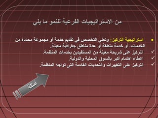 ‫يلي‬ ‫ما‬ ‫للنمو‬ ‫الفرعية‬ ‫الستراتيجيات‬ ‫من‬‫يلي‬ ‫ما‬ ‫للنمو‬ ‫الفرعية‬ ‫الستراتيجيات‬ ‫من‬
•:‫التركيز‬ ‫استراتيجية‬:‫التركيز‬ ‫استراتيجية‬‫من‬ ‫محددة‬ ‫مجموعة‬ ‫أضو‬ ‫خدمة‬ ‫تقديم‬ ‫في‬ ‫التخصص‬ ‫ضوتعني‬‫من‬ ‫محددة‬ ‫مجموعة‬ ‫أضو‬ ‫خدمة‬ ‫تقديم‬ ‫في‬ ‫التخصص‬ ‫ضوتعني‬
.‫معينة‬ ‫جغرافية‬ ‫مناطق‬ ‫عدة‬ ‫أضو‬ ‫منطقة‬ ‫خدمة‬ ‫أضو‬ ،‫الخدمات‬.‫معينة‬ ‫جغرافية‬ ‫مناطق‬ ‫عدة‬ ‫أضو‬ ‫منطقة‬ ‫خدمة‬ ‫أضو‬ ،‫الخدمات‬
‫بخدم‬ ‫المستفيدين‬ ‫من‬ ‫معينة‬ ‫شريحة‬ ‫على‬ ‫التركيز‬‫بخدم‬ ‫المستفيدين‬ ‫من‬ ‫معينة‬ ‫شريحة‬ ‫على‬ ‫التركيز‬‫المنظمة‬ ‫ات‬‫المنظمة‬ ‫ات‬..
‫أكبر‬ ‫اهتما،م‬ ‫اعطاء‬‫أكبر‬ ‫اهتما،م‬ ‫اعطاء‬‫ضوالدضولية‬ ‫المحلية‬ ‫بالسوق‬‫ضوالدضولية‬ ‫المحلية‬ ‫بالسوق‬..
‫على‬ ‫التركيز‬‫على‬ ‫التركيز‬‫المنظمة‬ ‫تواجه‬ ‫التى‬ ‫القادمة‬ ‫ضوالتحديات‬ ‫التغييرات‬‫المنظمة‬ ‫تواجه‬ ‫التى‬ ‫القادمة‬ ‫ضوالتحديات‬ ‫التغييرات‬..
‫ة‬‫ل‬‫ث‬‫م‬‫أ‬
‫ة‬‫ل‬‫ث‬‫م‬‫أ‬
 