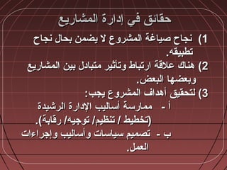 ‫المشاريع‬ ‫إدارة‬ ‫في‬ ‫حقائق‬‫المشاريع‬ ‫إدارة‬ ‫في‬ ‫حقائق‬
11((‫شنجاح‬ ‫بحا:ل‬ ‫يضمن‬ ‫ل‬ ‫المشروع‬ ‫صياغة‬ ‫شنجاح‬‫شنجاح‬ ‫بحا:ل‬ ‫يضمن‬ ‫ل‬ ‫المشروع‬ ‫صياغة‬ ‫شنجاح‬
.‫تطبيقه‬.‫تطبيقه‬
22((‫المشاريع‬ ‫بين‬ ‫متباد:ل‬ ‫وتأثير‬ ‫ارتباط‬ ‫علقة‬ ‫مهناك‬‫المشاريع‬ ‫بين‬ ‫متباد:ل‬ ‫وتأثير‬ ‫ارتباط‬ ‫علقة‬ ‫مهناك‬
.‫البعض‬ ‫وبعضها‬.‫البعض‬ ‫وبعضها‬
33((:‫يجب‬ ‫المشروع‬ ‫أمهداف‬ ‫لتحقيق‬:‫يجب‬ ‫المشروع‬ ‫أمهداف‬ ‫لتحقيق‬
- ‫أ‬- ‫أ‬‫الرشيدة‬ ‫الدارة‬ ‫أساليب‬ ‫ممارسة‬‫الرشيدة‬ ‫الدارة‬ ‫أساليب‬ ‫ممارسة‬
.(‫رقابة‬ /‫توجيه‬ /‫تنظيم‬ / ‫)تخطيط‬.(‫رقابة‬ /‫توجيه‬ /‫تنظيم‬ / ‫)تخطيط‬
- ‫ب‬- ‫ب‬‫وإجراءات‬ ‫وأساليب‬ ‫سياسات‬ ‫تصميم‬‫وإجراءات‬ ‫وأساليب‬ ‫سياسات‬ ‫تصميم‬
.‫العمل‬.‫العمل‬
 