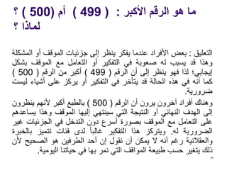 ‫األكبر‬ ‫الرقم‬ ‫هو‬ ‫ما‬( :499)‫أم‬(500)‫؟‬
‫؟‬ ‫لماذا‬
‫التعليق‬:‫بعض‬‫األفراد‬‫عندما‬‫يفكر‬‫ينظر‬‫إلى‬‫جزئيات‬‫الموقف‬‫أو‬‫المشكلة‬
‫وهذا‬‫قد‬‫يسبب‬‫له‬‫صعوبة‬‫في‬‫التفكير‬‫أو‬‫التعامل‬‫مع‬‫الموقف‬‫بش‬‫كل‬
‫إيجابي؛‬‫لذا‬‫فهو‬‫ينظر‬‫إلى‬‫أن‬‫الرقم‬(499)‫أكبر‬‫من‬‫الرقم‬(500)
‫كما‬‫أنه‬‫في‬‫هذه‬‫الحالة‬‫قد‬‫يتأخر‬‫في‬‫التفكير‬‫أو‬‫يركز‬‫على‬‫أشياء‬‫ليست‬
‫ضرورية‬.
‫وهناك‬‫أفراد‬‫آخرون‬‫يرون‬‫أن‬‫الرقم‬(500)‫بالطبع‬‫أكبر‬‫ألنهم‬‫ينظرون‬
‫إلى‬‫الهدف‬‫النهائي‬‫أو‬‫النتيجة‬‫التي‬‫سينتهي‬‫إليها‬‫الموقف‬‫وهذا‬‫يس‬‫اعدهم‬
‫على‬‫التعامل‬‫مع‬‫الموقف‬‫بصورة‬‫أسرع‬‫دون‬‫التدخل‬‫في‬‫الجزئيات‬‫غ‬‫ير‬
‫الضرورية‬‫له‬.‫ويتركز‬‫هذا‬‫التفكير‬‫غالبا‬‫لدى‬‫فئات‬‫تتميز‬‫ب‬‫الخبرة‬
‫والعقالنية‬‫رغم‬‫أنه‬‫ال‬‫يمكن‬‫أن‬‫نقول‬‫إن‬‫أحد‬‫الطرفين‬‫هو‬‫الصحيح‬‫أل‬‫ن‬
‫ذلك‬‫يتغير‬‫حسب‬‫طبيعة‬‫المواقف‬‫التي‬‫نمر‬‫بها‬‫في‬‫حياتنا‬‫اليو‬‫مية‬.
11
 