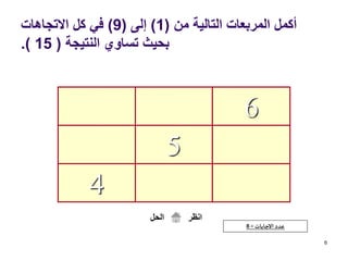 ‫من‬ ‫التالية‬ ‫المربعات‬ ‫أكمل‬(1)‫إلى‬(9)‫االتجاهات‬ ‫كل‬ ‫في‬
‫النتيجة‬ ‫تساوي‬ ‫بحيث‬(15.)
6
4
5
6
‫الحل‬ ‫انظر‬
‫االجابات‬ ‫عدد‬=8
 