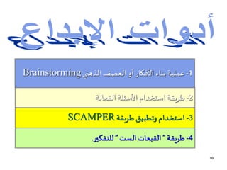 99
4-‫طريقة‬”‫الست‬ ‫القبعات‬”‫للتفكير‬.
3-‫طريقة‬ ‫وتطبيق‬ ‫استخدام‬SCAMPER
2-‫الفعالة‬ ‫األسئلة‬ ‫استخدام‬ ‫طريقة‬
1-‫الذهني‬ ‫العصف‬ ‫أو‬ ‫األفكار‬ ‫بناء‬ ‫عملية‬Brainstorming
 