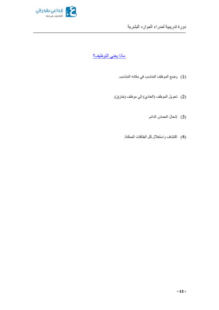 ‫البشرية‬ ‫الموارد‬ ‫لمدراء‬ ‫تدريبية‬ ‫دورة‬
- 12 -
‫ال‬ ‫يعني‬ ‫ماذا‬‫توظيف‬‫؟‬
(1).‫المناسب‬ ‫مكانه‬ ‫في‬ ‫المناسب‬ ‫الموظف‬ ‫وضع‬
(2)‫(خ‬ ‫موظف‬ ‫إلى‬ )‫(العادي‬ ‫الموظف‬ ‫تحويل‬.)‫ارق‬
(3).‫الدائم‬ ‫الحماس‬ ‫إشعال‬
(4).‫الممكنة‬ ‫الطاقات‬ ‫كل‬ ‫واستغالل‬ ‫اكتشاف‬
 