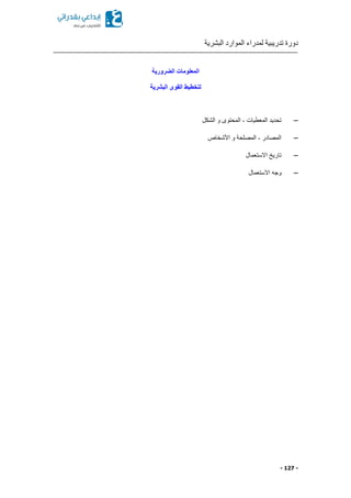 ‫البشرية‬ ‫الموارد‬ ‫لمدراء‬ ‫تدريبية‬ ‫دورة‬
- 127 -
‫الضرورية‬ ‫المعلومات‬
‫البشرية‬ ‫القوى‬ ‫لتخطيط‬
‫المعطيات‬ ‫تحديد‬-‫المحتوى‬‫الشكل‬ ‫و‬
‫المصادر‬-‫و‬ ‫المصلحة‬‫األشخاص‬
‫تاريخ‬‫االستعمال‬
‫وجه‬‫االستعمال‬
 