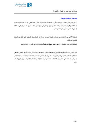 ‫البشرية‬ ‫الموارد‬ ‫لمدراء‬ ‫تدريبية‬ ‫دورة‬
- 90 -
‫الطبيعية‬ ‫موظفيك‬ ‫حوافز‬ ‫حدد‬
‫هكو‬ ‫بكه‬ ‫القيكام‬ ‫عليكك‬ ‫ما‬ ّ‫ل‬‫ك‬ .‫حقيقي‬ ‫ه‬ّ‫ن‬‫لك‬ ‫األمرا‬ ‫هذا‬ ‫يفاجئك‬ ‫قد‬ .‫طبيعيا‬ ‫زون‬ّ‫ف‬‫يح‬ ‫لشركتك‬ ‫يعملون‬ ‫الذين‬ ‫الموظفين‬ ّ‫إن‬
‫الحقيقكةا‬ ‫فكي‬ .‫أمكوال‬ ‫بكال‬ !‫صحيح‬ ‫ذلك‬ .‫تذكر‬ ‫مبالغ‬ ‫أي‬ ‫تنفق‬ ‫أن‬ ‫دون‬ ‫من‬ ‫ذلك‬ ‫يمكنك‬ ‫الطبيعيةا‬ ‫قدرتهم‬ ‫من‬ ‫االستفادة‬
.‫وأدائه‬ ‫الموظف‬ ‫حماس‬ ‫تنقص‬ ‫قد‬ ‫األموال‬
‫هكي‬ ‫الطبيعيكة‬ ‫موظفيكك‬ ‫قكدرة‬ ‫مكن‬ ‫االسكتفادة‬ ‫فكي‬ ‫األولكى‬ ‫الخطوة‬‫السةلبية‬ ‫الممارسةات‬ ‫إزالةة‬‫التحفيكز‬ ‫مكن‬ ‫تقلكل‬ ‫التكي‬
.‫لموظفيك‬ ‫الطبيعي‬
‫أن‬ ‫منظمتك‬ ‫على‬ ‫الثانية‬ ‫الخطوة‬‫حقيقة‬ ‫محفزات‬ ‫وتطور‬ ‫توجد‬.‫اندفاعهم‬ ‫وزيادة‬ ‫الموظفين‬ ‫إثارة‬ ‫يمكنها‬
‫الطبيعكي‬ ‫التحفيكز‬ ‫طريكق‬ ‫بدايكة‬ ‫علكى‬ ‫نفسكك‬ ‫وضكعت‬ ‫قكد‬ ‫تككون‬ ‫طبيعيةا‬ ‫محفزات‬ ‫وإضافة‬ ‫السلبية‬ ‫الممارسات‬ ‫بتقليل‬
‫ر‬ ‫كدهم‬‫ك‬‫عن‬ ‫كاس‬‫ك‬‫الن‬ ّ‫ل‬‫ك‬‫ك‬‫ك‬ ّ‫أن‬ ‫كى‬‫ك‬‫عل‬ ‫كد‬‫ك‬‫يعتم‬ ‫كوظفين‬‫ك‬‫للم‬ ‫كي‬‫ك‬‫الطبيع‬ ‫كز‬‫ك‬‫التحفي‬ .‫كوظفين‬‫ك‬‫للم‬‫كازا‬‫ك‬‫واإلنج‬ ‫كابا‬‫ك‬‫لالنتس‬ ‫كانية‬‫ك‬‫إنس‬ ‫كات‬‫ك‬‫غب‬
‫لعملهكم‬ ‫يككون‬ ‫وأن‬ ‫واالعتكرافا‬ ‫والكفكاءةا‬ ‫للملكيكةا‬ ‫الرغبات‬ ‫عندهم‬ ‫لذلكا‬ ‫إضافة‬ .‫عملهم‬ ‫على‬ ‫والسلطة‬ ‫وللسيطرة‬
.‫معنى‬
 