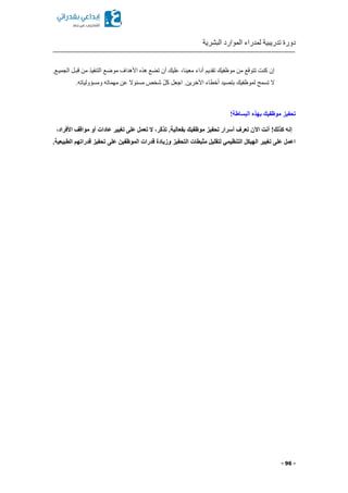 ‫البشرية‬ ‫الموارد‬ ‫لمدراء‬ ‫تدريبية‬ ‫دورة‬
- 96 -
.‫الجميكع‬ ‫قبكل‬ ‫من‬ ‫التنفيذ‬ ‫موضع‬ ‫األهداف‬ ‫هذ‬ ‫ع‬ ‫ت‬ ‫أن‬ ‫عليك‬ ‫معيناا‬ ‫أداء‬ ‫تقديم‬ ‫موظفيك‬ ‫من‬ ‫تتوقع‬ ‫كنت‬ ‫إن‬
‫شخص‬ ّ‫ل‬‫ك‬ ‫اجعل‬ .‫اآلخرين‬ ‫أخطاء‬ ‫بتصيد‬ ‫لموظفيك‬ ‫تسمح‬ ‫ال‬‫مسئوال‬.‫ومسؤولياته‬ ‫مهماته‬ ‫عن‬
!‫البساطة‬ ‫بهذه‬ ‫موظفيك‬ ‫تحفيز‬
،‫األفراد‬ ‫مواقف‬ ‫أو‬ ‫عادات‬ ‫تغيير‬ ‫على‬ ‫تعمل‬ ‫ال‬ ،‫ّر‬‫ك‬‫تذ‬ .‫بفعالية‬ ‫موظفيك‬ ‫تحفيز‬ ‫أسرار‬ ‫تعرف‬ ‫اآلن‬ ‫أنت‬ !‫كذلك‬ ‫إنه‬
.‫الطبيعية‬ ‫قدراتهم‬ ‫تحفيز‬ ‫على‬ ‫الموظفين‬ ‫قدرات‬ ‫وزيادة‬ ‫التحفيز‬ ‫مثبطات‬ ‫لتقليل‬ ‫التنظيمي‬ ‫الهيكل‬ ‫تغيير‬ ‫على‬ ‫اعمل‬
 