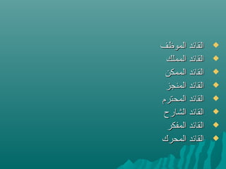 ‫الموظف‬ ‫القائد‬‫الموظف‬ ‫القائد‬
‫المملك‬ ‫القائد‬‫المملك‬ ‫القائد‬
‫الممكن‬ ‫القائد‬‫الممكن‬ ‫القائد‬
‫المنجز‬ ‫القائد‬‫المنجز‬ ‫القائد‬
‫المحترم‬ ‫القائد‬‫المحترم‬ ‫القائد‬
‫الشارح‬ ‫القائد‬‫الشارح‬ ‫القائد‬
‫المفكر‬ ‫القائد‬‫المفكر‬ ‫القائد‬
‫المحرك‬ ‫القائد‬‫المحرك‬ ‫القائد‬
 