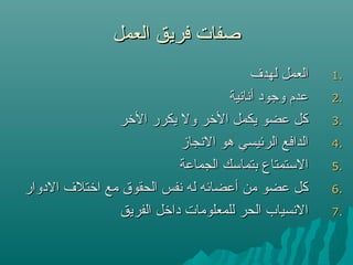 ‫العمل‬ ‫فريق‬ ‫صفات‬‫العمل‬ ‫فريق‬ ‫صفات‬
1.1.‫لهدف‬ ‫العمل‬‫لهدف‬ ‫العمل‬
2.2.‫أنانية‬ ‫وجود‬ ‫عدم‬‫أنانية‬ ‫وجود‬ ‫عدم‬
3.3.‫التخر‬ ‫يكرر‬ ‫ول‬ ‫التخر‬ ‫يكمل‬ ‫عضو‬ ‫كل‬‫التخر‬ ‫يكرر‬ ‫ول‬ ‫التخر‬ ‫يكمل‬ ‫عضو‬ ‫كل‬
4.4.‫النجاز‬ ‫هو‬ ‫الرئيسي‬ ‫الدافع‬‫النجاز‬ ‫هو‬ ‫الرئيسي‬ ‫الدافع‬
5.5.‫الجماعة‬ ‫بتماسك‬ ‫الستمتاع‬‫الجماعة‬ ‫بتماسك‬ ‫الستمتاع‬
6.6.‫الدوار‬ ‫اتختلف‬ ‫مع‬ ‫الحقوق‬ ‫نفس‬ ‫له‬ ‫أعضائه‬ ‫من‬ ‫عضو‬ ‫كل‬‫الدوار‬ ‫اتختلف‬ ‫مع‬ ‫الحقوق‬ ‫نفس‬ ‫له‬ ‫أعضائه‬ ‫من‬ ‫عضو‬ ‫كل‬
7.7.‫الفريق‬ ‫داتخل‬ ‫للمعلومات‬ ‫الحر‬ ‫النسياب‬‫الفريق‬ ‫داتخل‬ ‫للمعلومات‬ ‫الحر‬ ‫النسياب‬
 