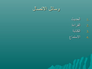 ‫التصال‬ ‫وسائل‬‫التصال‬ ‫وسائل‬
1.1.‫الحديث‬‫الحديث‬
2.2.‫القراءة‬‫القراءة‬
3.3.‫الكتابة‬‫الكتابة‬
4.4.‫الستماع‬‫الستماع‬
 