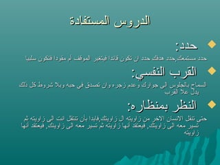 ‫المستفادة‬ ‫الدروس‬‫المستفادة‬ ‫الدروس‬
:‫حدد‬:‫حدد‬
‫سلبيا‬ ‫فتكون‬ ‫مقودا‬ ‫أم‬ ‫الموقف‬ ‫فيتغير‬ ‫قائدا‬ ‫تكون‬ ‫ان‬ ‫حدد‬ ‫هدفك‬ ‫مستمعك,حدد‬ ‫حدد‬‫سلبيا‬ ‫فتكون‬ ‫مقودا‬ ‫أم‬ ‫الموقف‬ ‫فيتغير‬ ‫قائدا‬ ‫تكون‬ ‫ان‬ ‫حدد‬ ‫هدفك‬ ‫مستمعك,حدد‬ ‫حدد‬
:‫النفسي‬ ‫القرب‬:‫النفسي‬ ‫القرب‬
‫ذلك‬ ‫كل‬ ‫شروط‬ ‫وبل‬ ‫حبه‬ ‫في‬ ‫تصد.ق‬ ‫وان‬ ‫مزجره‬ ‫وعدم‬ ‫جوارك‬ ‫الى‬ ‫بالجلوس‬ ‫السماح‬‫ذلك‬ ‫كل‬ ‫شروط‬ ‫وبل‬ ‫حبه‬ ‫في‬ ‫تصد.ق‬ ‫وان‬ ‫مزجره‬ ‫وعدم‬ ‫جوارك‬ ‫الى‬ ‫بالجلوس‬ ‫السماح‬
‫القرب‬ ‫عل‬ ‫يدل‬‫القرب‬ ‫عل‬ ‫يدل‬
:‫بمنظاره‬ ‫النظر‬:‫بمنظاره‬ ‫النظر‬
‫ثم‬ ‫مزاويته‬ ‫الى‬ ‫انت‬ ‫تنتقل‬ ‫بأن‬ ‫مزاويتك,فابدا‬ ‫ال‬ ‫مزاويته‬ ‫من‬ ‫اللخر‬ ‫النسان‬ ‫تنقل‬ ‫حتى‬‫ثم‬ ‫مزاويته‬ ‫الى‬ ‫انت‬ ‫تنتقل‬ ‫بأن‬ ‫مزاويتك,فابدا‬ ‫ال‬ ‫مزاويته‬ ‫من‬ ‫اللخر‬ ‫النسان‬ ‫تنقل‬ ‫حتى‬
‫أنها‬ ‫فيعتقد‬ ,‫مزاوينك‬ ‫الى‬ ‫معه‬ ‫تسير‬ ‫ثم‬ ‫مزاويته‬ ‫أنها‬ ‫فيعتقد‬ ,‫مزاويتك‬ ‫الى‬ ‫معه‬ ‫تسير‬‫أنها‬ ‫فيعتقد‬ ,‫مزاوينك‬ ‫الى‬ ‫معه‬ ‫تسير‬ ‫ثم‬ ‫مزاويته‬ ‫أنها‬ ‫فيعتقد‬ ,‫مزاويتك‬ ‫الى‬ ‫معه‬ ‫تسير‬
‫مزاويته‬‫مزاويته‬
 