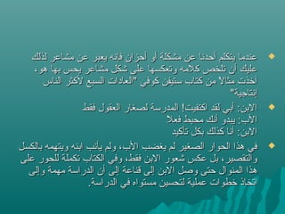 ‫لذلك‬ ‫مشاعر‬ ‫عن‬ ‫يعبر‬ ‫فإنه‬ ‫أحزان‬ ‫أو‬ ‫مشكلة‬ ‫عن‬ ‫أحدنا‬ ‫يتكلم‬ ‫عندما‬‫لذلك‬ ‫مشاعر‬ ‫عن‬ ‫يعبر‬ ‫فإنه‬ ‫أحزان‬ ‫أو‬ ‫مشكلة‬ ‫عن‬ ‫أحدنا‬ ‫يتكلم‬ ‫عندما‬
،‫هو‬ ‫بها‬ ‫يحس‬ ‫مشاعر‬ ‫شكل‬ ‫على‬ ‫وتعكسها‬ ‫كلمه‬ ‫تلخص‬ ‫أن‬ ‫عليك‬،‫هو‬ ‫بها‬ ‫يحس‬ ‫مشاعر‬ ‫شكل‬ ‫على‬ ‫وتعكسها‬ ‫كلمه‬ ‫تلخص‬ ‫أن‬ ‫عليك‬
‫الناس‬ ‫لكثر‬ ‫السبع‬ ‫"العادات‬ ‫كوفي‬ ‫تستيفن‬ ‫كتاب‬ ‫من‬ ‫ل‬ً  ‫مثا‬ ‫آرخذت‬‫الناس‬ ‫لكثر‬ ‫السبع‬ ‫"العادات‬ ‫كوفي‬ ‫تستيفن‬ ‫كتاب‬ ‫من‬ ‫ل‬ً  ‫مثا‬ ‫آرخذت‬
"‫إنتاجية‬"‫إنتاجية‬
‫فقط‬ ‫العقول‬ ‫لصغار‬ ‫المدرتسة‬ !‫اكتفيت‬ ‫لقد‬ ‫أبي‬ :‫البن‬‫فقط‬ ‫العقول‬ ‫لصغار‬ ‫المدرتسة‬ !‫اكتفيت‬ ‫لقد‬ ‫أبي‬ :‫البن‬
‫ل‬ً  ‫فع‬ ‫محبط‬ ‫أنك‬ ‫يبدو‬ :‫الب‬‫ل‬ً  ‫فع‬ ‫محبط‬ ‫أنك‬ ‫يبدو‬ :‫الب‬
‫تأكيد‬ ‫بكل‬ ‫كذلك‬ ‫أنا‬ :‫البن‬‫تأكيد‬ ‫بكل‬ ‫كذلك‬ ‫أنا‬ :‫البن‬
‫بالكسل‬ ‫ويتهمه‬ ‫ابنه‬ ‫يأنب‬ ‫ولم‬ ،‫الب‬ ‫يغضب‬ ‫لم‬ ‫الصغير‬ ‫الحوار‬ ‫هذا‬ ‫في‬‫بالكسل‬ ‫ويتهمه‬ ‫ابنه‬ ‫يأنب‬ ‫ولم‬ ،‫الب‬ ‫يغضب‬ ‫لم‬ ‫الصغير‬ ‫الحوار‬ ‫هذا‬ ‫في‬
‫على‬ ‫للحور‬ ‫تكملة‬ ‫الكتاب‬ ‫وفي‬ ،‫فقط‬ ‫البن‬ ‫شعور‬ ‫عكس‬ ‫بل‬ ،‫والتقصير‬‫على‬ ‫للحور‬ ‫تكملة‬ ‫الكتاب‬ ‫وفي‬ ،‫فقط‬ ‫البن‬ ‫شعور‬ ‫عكس‬ ‫بل‬ ،‫والتقصير‬
‫وإلى‬ ‫مهمة‬ ‫الدراتسة‬ ‫أن‬ ‫إلى‬ ‫قناعة‬ ‫إلى‬ ‫البن‬ ‫وصل‬ ‫حتى‬ ‫المنوال‬ ‫هذا‬‫وإلى‬ ‫مهمة‬ ‫الدراتسة‬ ‫أن‬ ‫إلى‬ ‫قناعة‬ ‫إلى‬ ‫البن‬ ‫وصل‬ ‫حتى‬ ‫المنوال‬ ‫هذا‬
.‫الدراتسة‬ ‫في‬ ‫مستواه‬ ‫لتحسين‬ ‫عملية‬ ‫رخطوات‬ ‫اتخاذ‬.‫الدراتسة‬ ‫في‬ ‫مستواه‬ ‫لتحسين‬ ‫عملية‬ ‫رخطوات‬ ‫اتخاذ‬
 