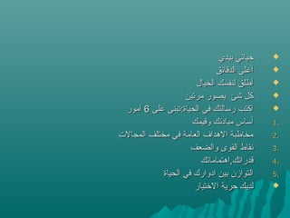 ‫بيدي‬ ‫حياتي‬‫بيدي‬ ‫حياتي‬
‫الدقائق‬ ‫أغلى‬‫الدقائق‬ ‫أغلى‬
‫الخيال‬ ‫لنفسك‬ ‫أطلق‬‫الخيال‬ ‫لنفسك‬ ‫أطلق‬
‫مرتين‬ ‫يصور‬ ‫يشئ‬ ‫كل‬‫مرتين‬ ‫يصور‬ ‫يشئ‬ ‫كل‬
‫على‬ ‫الحياة:تبنى‬ ‫في‬ ‫رسالتك‬ ‫اكتب‬‫على‬ ‫الحياة:تبنى‬ ‫في‬ ‫رسالتك‬ ‫اكتب‬66‫أمور‬‫أمور‬
1.1.‫وقيمك‬ ‫مبادئك‬ ‫أساس‬‫وقيمك‬ ‫مبادئك‬ ‫أساس‬
2.2.‫المجالت‬ ‫مختلف‬ ‫في‬ ‫العامة‬ ‫الهداف‬ ‫مخاطبة‬‫المجالت‬ ‫مختلف‬ ‫في‬ ‫العامة‬ ‫الهداف‬ ‫مخاطبة‬
3.3.‫والضعف‬ ‫القوى‬ ‫نقاط‬‫والضعف‬ ‫القوى‬ ‫نقاط‬
4.4.‫قدراتك,اهتماماتك‬‫قدراتك,اهتماماتك‬
5.5.‫الحياة‬ ‫في‬ ‫ادوارك‬ ‫بين‬ ‫التوازن‬‫الحياة‬ ‫في‬ ‫ادوارك‬ ‫بين‬ ‫التوازن‬
‫التختيار‬ ‫حرية‬ ‫لديك‬‫التختيار‬ ‫حرية‬ ‫لديك‬
 