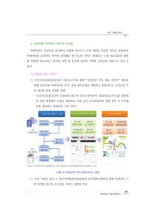 ICT 기획시리즈
17
정보통신기술진흥센터
3. 보건의료 빅데이터 사례 및 시사점
빅데이터는 보건의료 분야에서 다양한 비즈니스 모델 개발을 촉진할 것으로 전망되며,
빅데이터를 보건의료 분야에 접목했을 때 가능한 서비스 형태로는 크게 의료정보를 활용
한 맞춤형 의료서비스 분야와 질병 및 유전체 정보의 기반한 건강관리 서비스로 나눌 수
있다.
가. 맞춤형 의료 서비스
○ 국민건강보험관리공단은 다음소프트와 함께 “국민건강 주의 예보 서비스” 제공을
위해 건강보험 빅데이터를 분석, 질병 예측모델을 개발하고 종합적으로 국민건강 주
의 예고를 위한 플랫폼 개발
- 국민건강보험공단의 건강보험 DB 와 민간소셜미디어 정보(다음소프트)를 융합하
여 질병 발생예측 모델을 개발하고, 이를 상시 모니터링하여 위험 징후 시 주의예
보를 제공하는 빅데이터 기반 서비스
○ 국내 기업인 SGA 는 한국의약품안전관리원과 아주대학교병원과 함께 빅데이터 기
반 의약품 안전성 조기경보 서비스 개발을 추진
<자료>: “국민건강 주의 알람서비스”, 개시, 건보공단, 국민건강보험 보도자료, 2014. 5. 16.
(그림 4) 국민건강 주의 예보서비스 개요
질병 위험 예측 시스템 국민건강 주의 예보 서비스 대국민 캠페인
민간
(SNS데이터)
정형데이터
연계/정형화
정형데이터
분석/마이닝
정형데이터
동향분석
질병위험
예측분석
비정형데이터
동향분석
비정형데이터
수집/필터링
기관
(국민건강정보)
비정형데이터
분석/마이닝
주요질병
위험모니터링
질병관련
진료동향분석
지역별/연령별
질병위험분석
질병관련
소셜동향분석
주요질병
모니터링결과
지역별/연령별
질병위험분석결과
예방및
치료정보
상시건강
관리정보
 