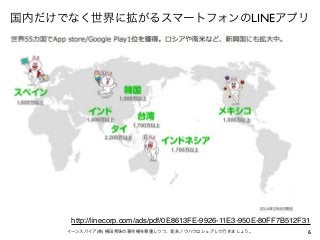 6イーンスパイア(株) 横田秀珠の著作権を尊重しつつ、是非ノウハウはシェアして行きましょう。
国内だけでなく世界に拡がるスマートフォンのLINEアプリ
http://linecorp.com/ads/pdf/0E8613FE-9926-11E3...