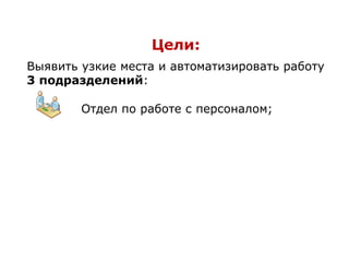 Цели:
Выявить узкие места и автоматизировать работу
3 подразделений:
Отдел по работе с персоналом;
 